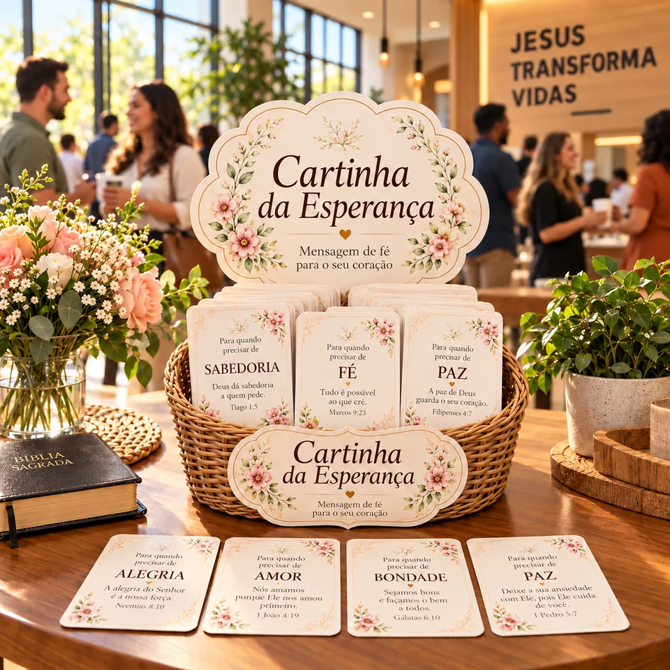 Cesta com Cartinhas da Esperança, folhas A4 e tesoura sobre uma mesa
