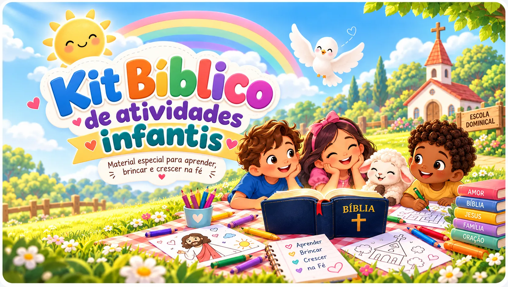 Crianças aprendendo e brincando com atividades bíblicas