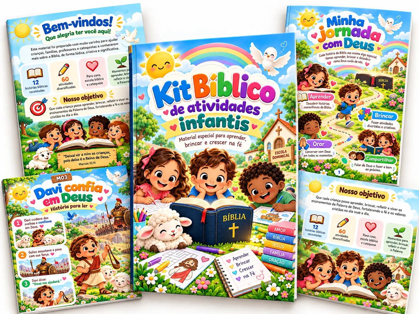 Páginas do Kit Bíblico com histórias, atividades e momentos de oração