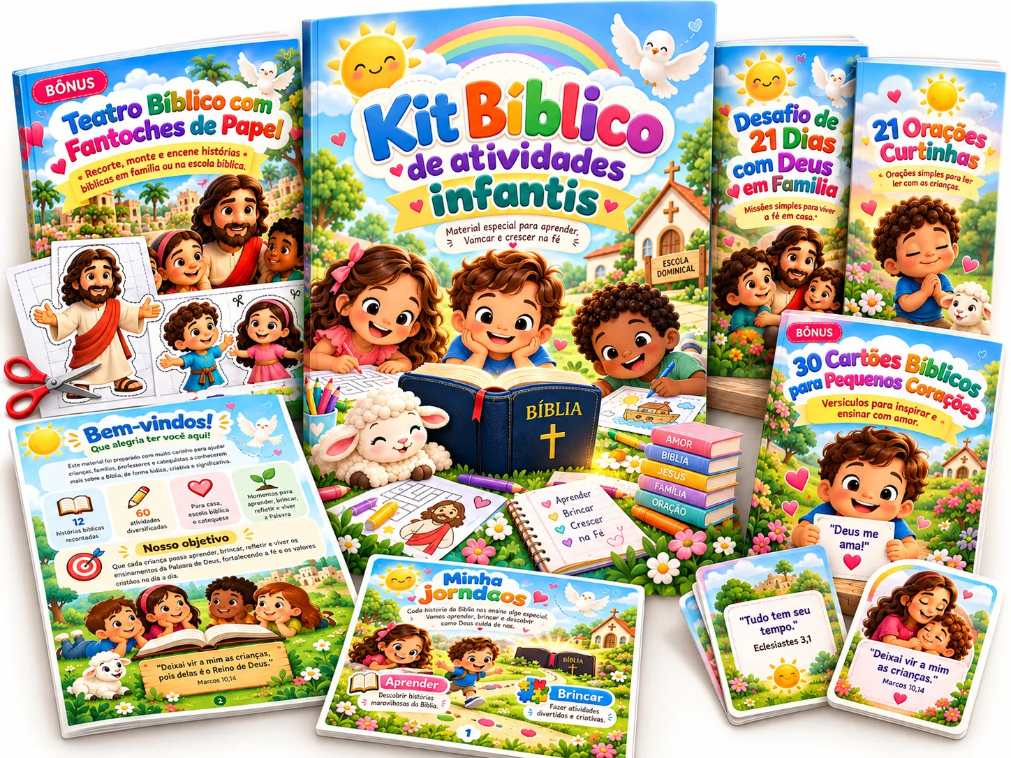 Composição do Kit Bíblico de Atividades Infantis e seus materiais