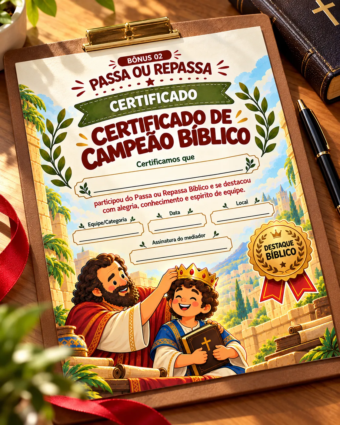 Certificado de campeão bíblico para a equipe vencedora