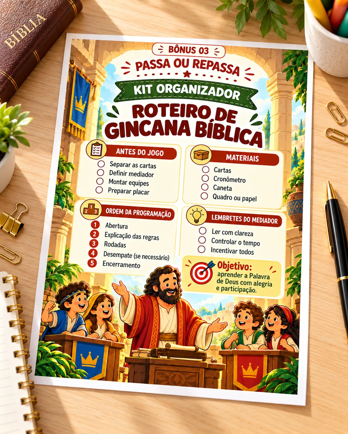 Kit organizador com o roteiro da gincana bíblica